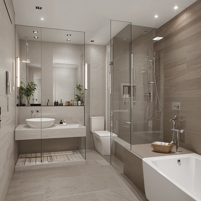 A bathroom with a glass shower, white toilet, and sink. The bathroom has a clean and minimalist design with a brown and white color scheme.