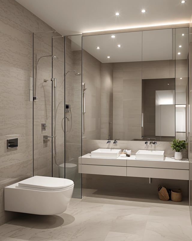 A modern bathroom with a white toilet and sink, a glass shower door, and a potted plant.