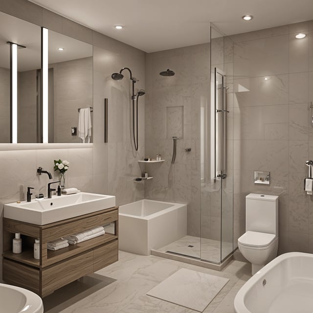 A modern bathroom with a large walk-in shower, a toilet, and a sink. The bathroom is designed in a neutral color palette with white fixtures and a gray tile floor. The shower has a glass door and a large mirror above the sink. The bathroom also features a wooden cabinet for storage.