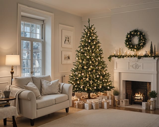 A Christmas tree in a living room with presents underneath.