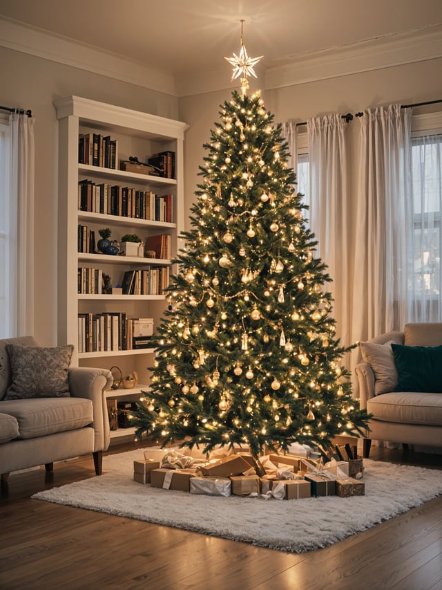 A Christmas tree in a living room with a white rug and a bookshelf. The tree is decorated with lights and presents underneath it.