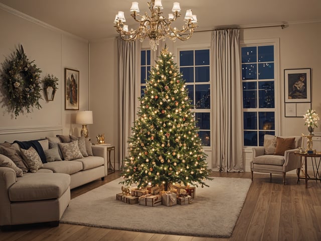 A Christmas tree in a living room with white furniture and a rug.