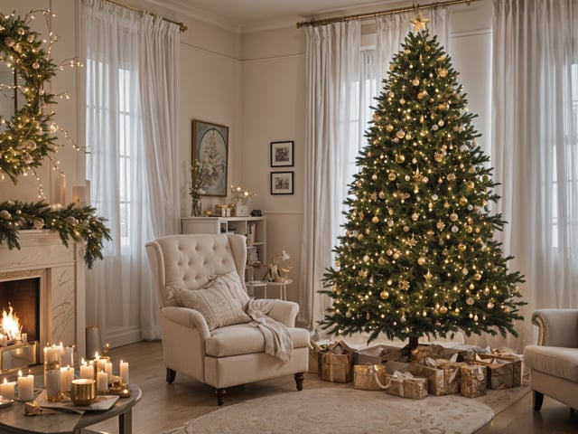 A Christmas tree in a living room with a white chair and candles.