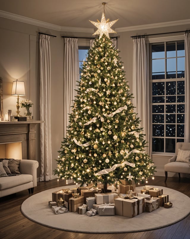 A Christmas tree in a living room with presents underneath. The room is decorated with white curtains and a fireplace.