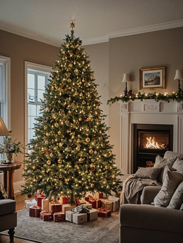 A Christmas tree in a living room, surrounded by presents and a fireplace.