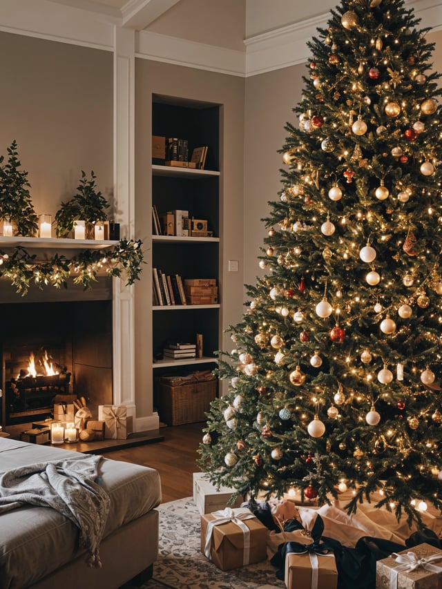A Christmas tree in a living room with a fireplace and candles.