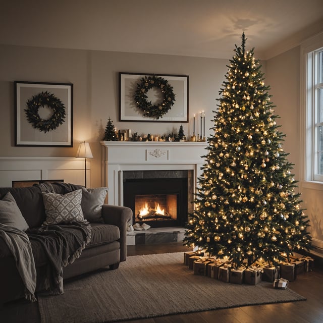 A Christmas tree in a living room with candles and wreaths around it.