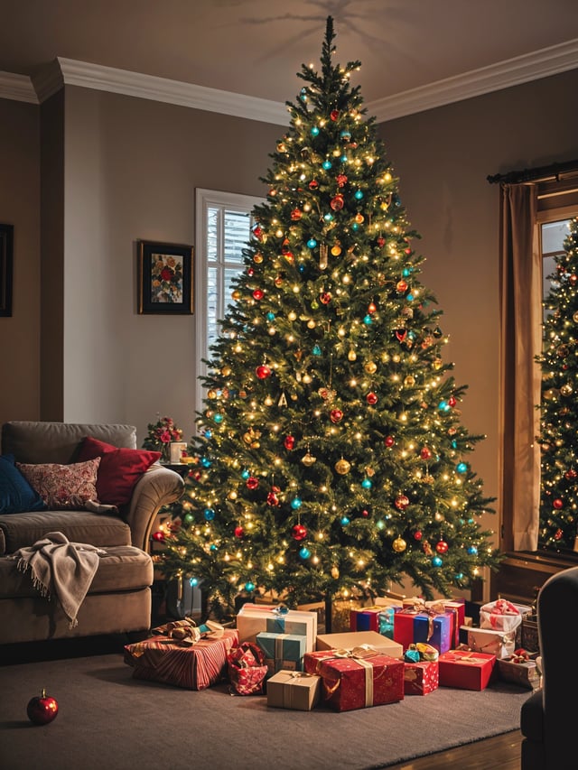 A Christmas tree in a living room with presents underneath it. The tree is decorated with lights and ornaments, and the room has a cozy atmosphere.