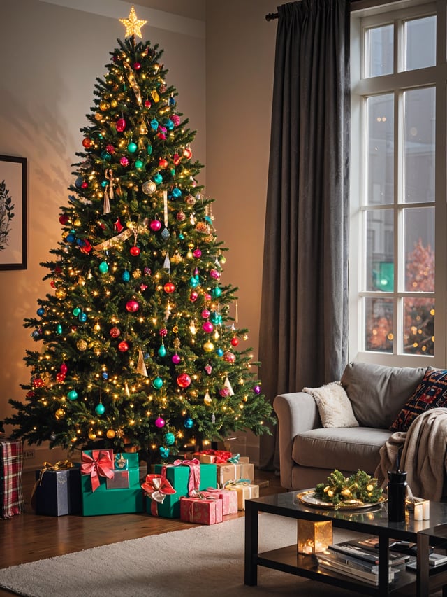 A Christmas tree with presents underneath it, in front of a couch. The tree is decorated with ornaments and lights, creating a festive atmosphere.