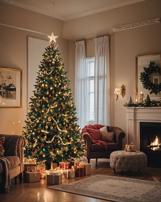 A Christmas tree in a living room with a fireplace and a chair. The tree is decorated with lights and ornaments.