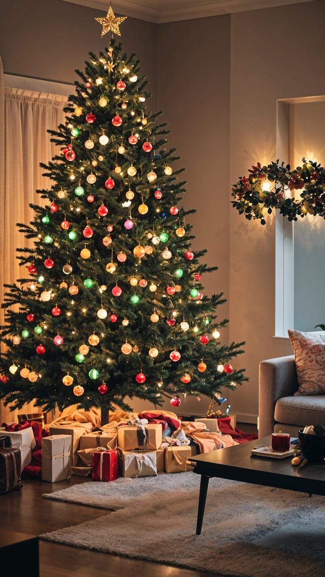 A Christmas tree with colorful lights and ornaments in a living room.