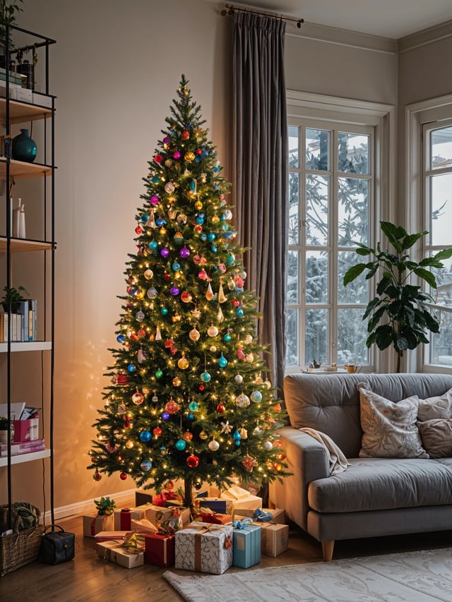 A Christmas tree in a living room with a couch and a window. The tree is decorated with colorful ornaments and lights.
