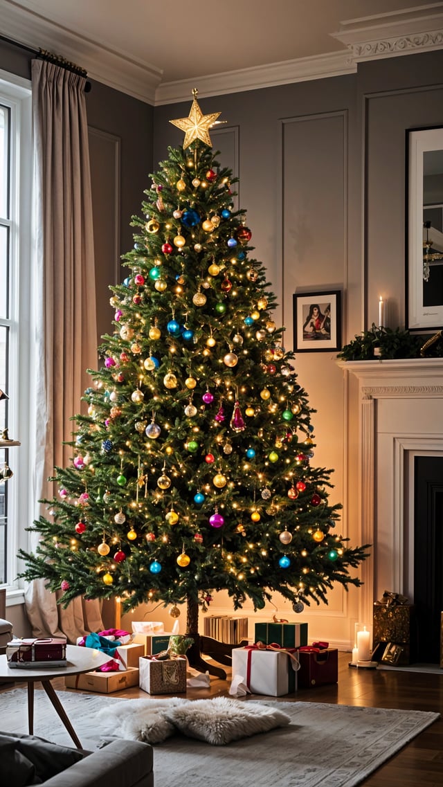 A Christmas tree with colorful ornaments and lights.