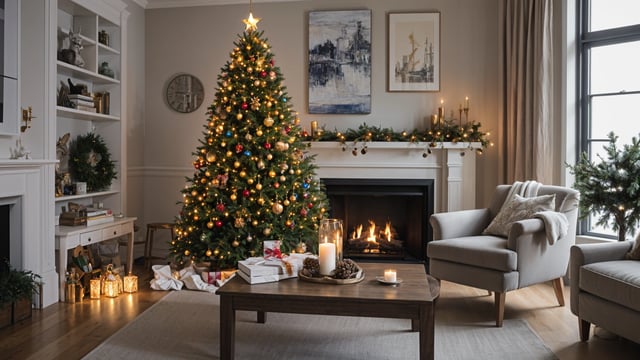 A Christmas tree in a living room with a fireplace and a table with presents. The room is decorated with candles and a clock on the wall.