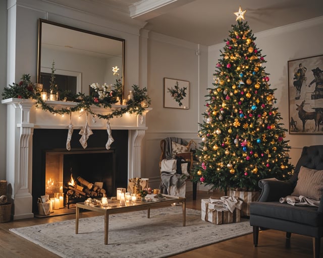 A Christmas tree in a living room with a fireplace and a coffee table. The room is decorated with candles and presents. The tree is adorned with ornaments and lights. The room is furnished with a couch and a chair.