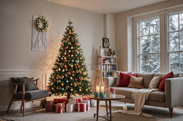 A Christmas tree in a living room with a couch and a coffee table. The tree is decorated with ornaments and presents. The room has a cozy and festive atmosphere.