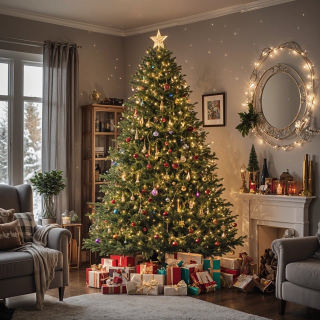 A Christmas tree in a living room with presents and lights. The room is furnished with a couch and a chair.