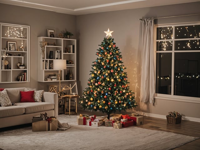 A Christmas tree in a living room with presents underneath it. The tree is decorated with ornaments and lights, creating a festive atmosphere.