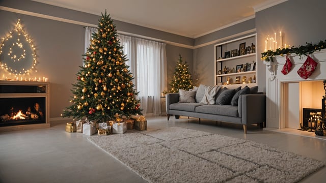 A living room with a Christmas tree and a grey couch. The room is decorated with Christmas decorations and has a cozy atmosphere. The Christmas tree is placed next to the couch and is surrounded by presents, adding to the festive ambiance.