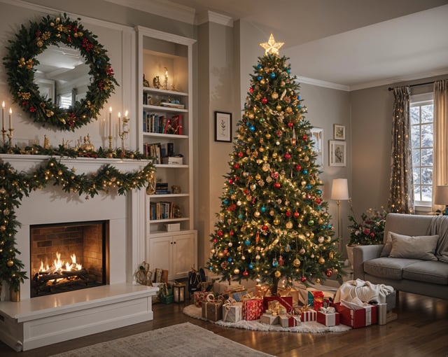 A Christmas tree in a living room with presents and ornaments. A couch and chair are also present in the room.