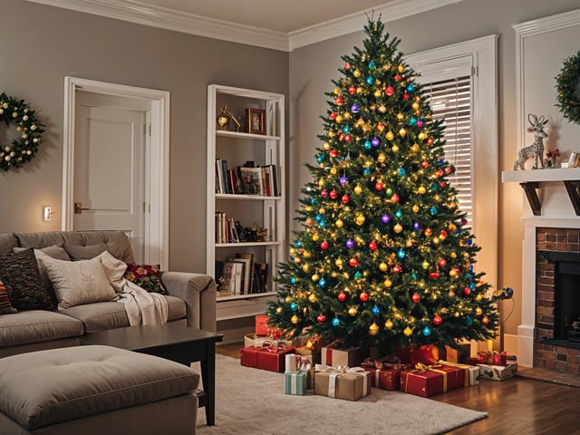 A Christmas tree with colorful lights and presents in a living room.