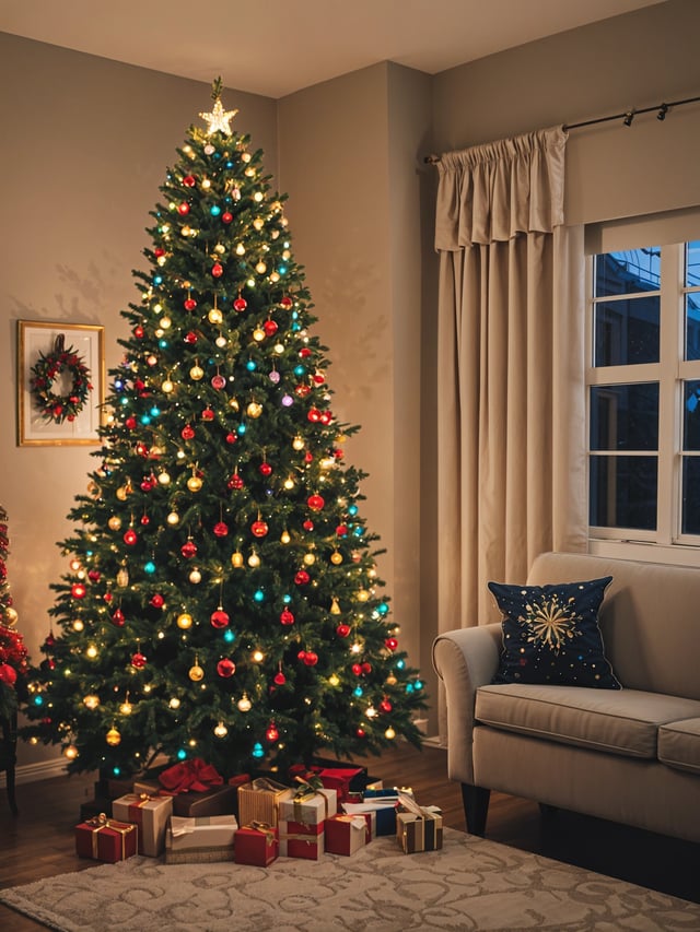 A Christmas tree in a living room, surrounded by a couch and chair. The tree is decorated with ornaments and lights, creating a cozy and festive environment.