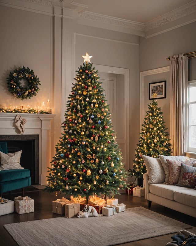 A Christmas tree in a living room with presents underneath and two smaller trees. The room is furnished with a couch and a chair.