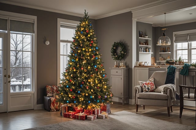 A Christmas tree in a living room with presents and lights. The room is decorated in grey and white.