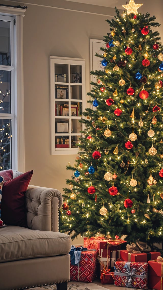 A Christmas tree in a living room with a couch in front of it. The tree is decorated with ornaments and lights, creating a festive atmosphere. The room also features a bookshelf with various books on display.