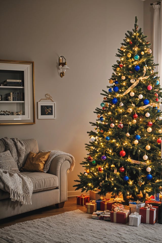A lit Christmas tree in a living room with a couch and chair nearby.