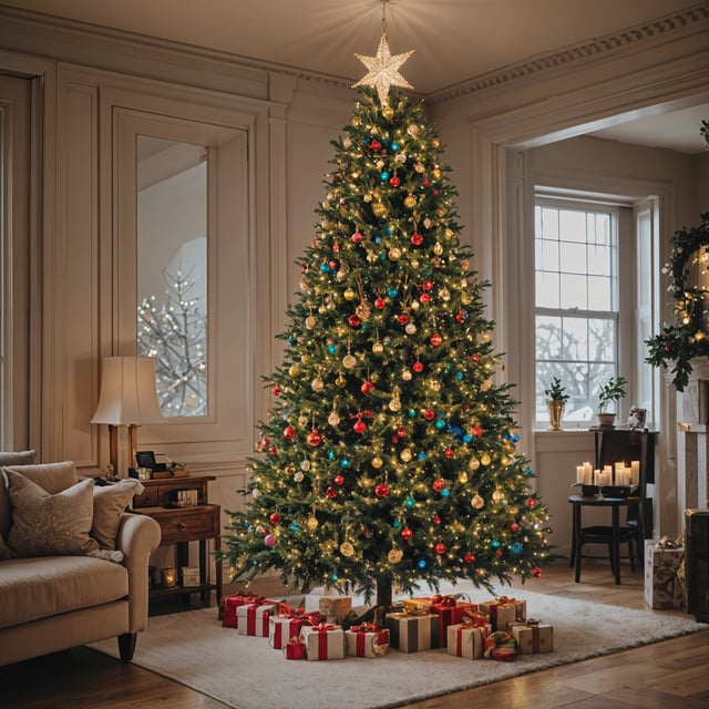 A Christmas tree with presents underneath it in a living room. The tree is decorated with ornaments and lights, and the presents are wrapped in red and white wrapping paper.