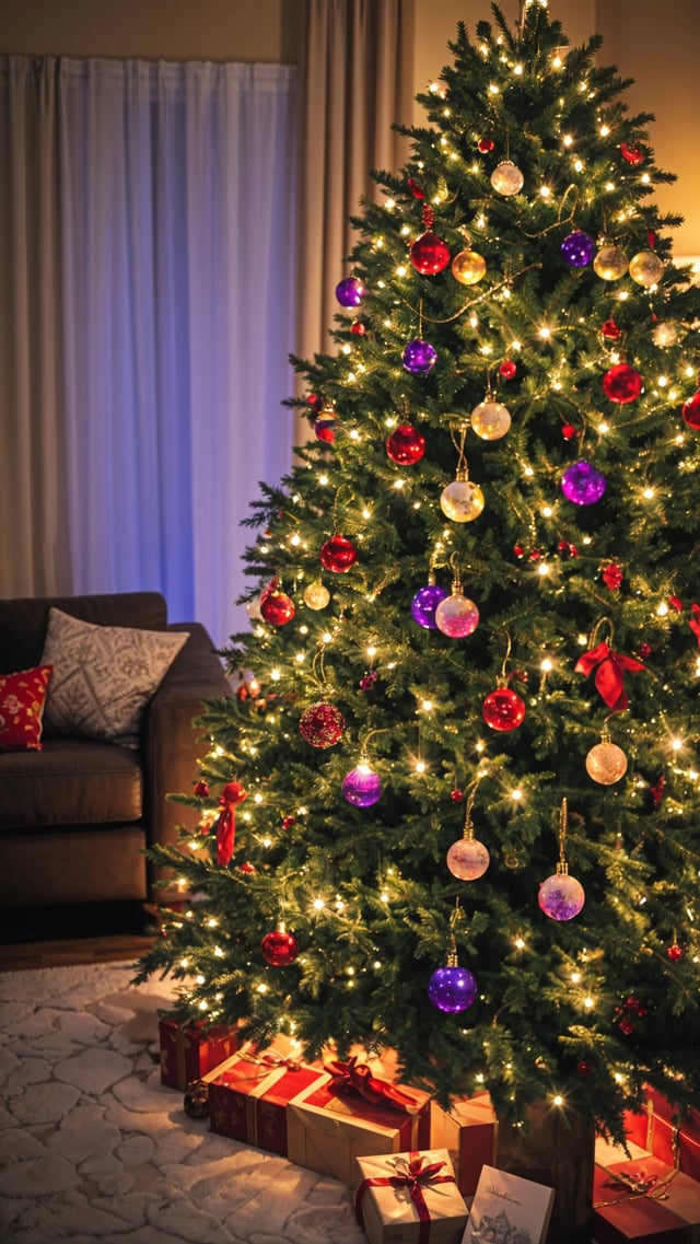 A Christmas tree with lights and ornaments, including purple and red balls, is displayed in a living room.