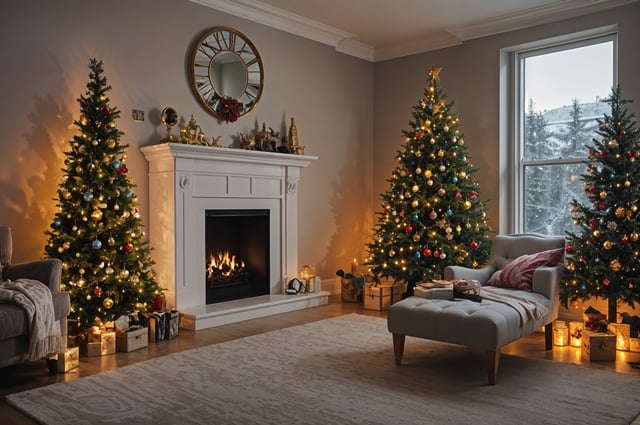A living room with a fireplace and two Christmas trees. The room is decorated with a couch, chair, and a clock on the wall.