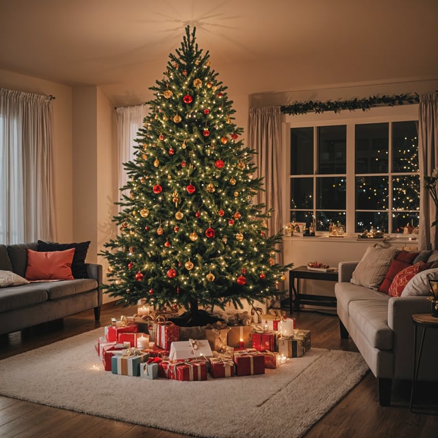 A Christmas tree with presents and candles in a living room