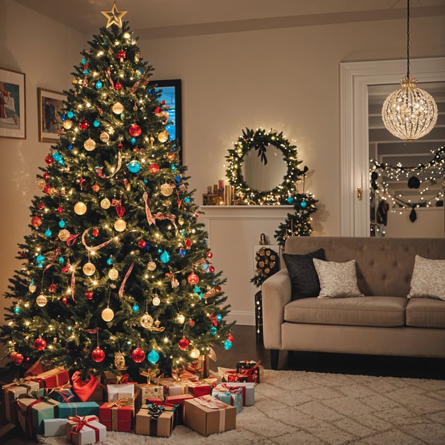 A Christmas tree in a living room with presents underneath. The tree is adorned with ornaments and lights, creating a festive atmosphere.