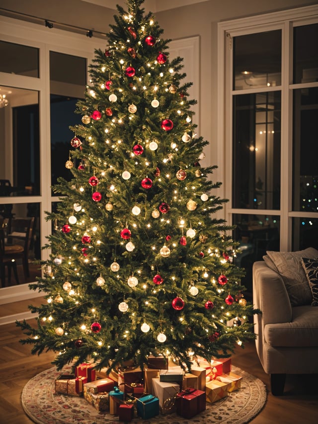 A Christmas tree in a living room with a couch and chairs nearby.