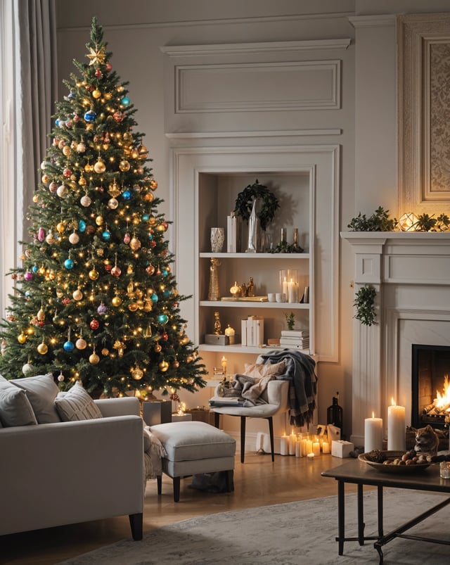A Christmas tree in a living room with a fireplace and a cozy couch. The room is filled with candles and presents, creating a warm and festive atmosphere.