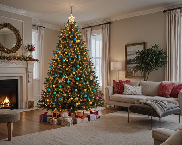 A Christmas tree in a living room with a fireplace and couches. The tree is decorated with ornaments and lights, creating a festive atmosphere.