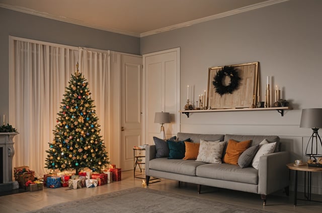 A living room with a Christmas tree and a couch with pillows in front of it.