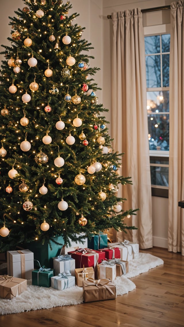 A Christmas tree with ornaments and presents underneath it. The tree is adorned with gold and white balls and is illuminated by lights.