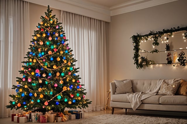 A Christmas tree with colorful lights and ornaments in a living room. The tree is decorated with blue, yellow, pink, and orange lights and is placed in front of a couch. The room also features a mirror on the wall.