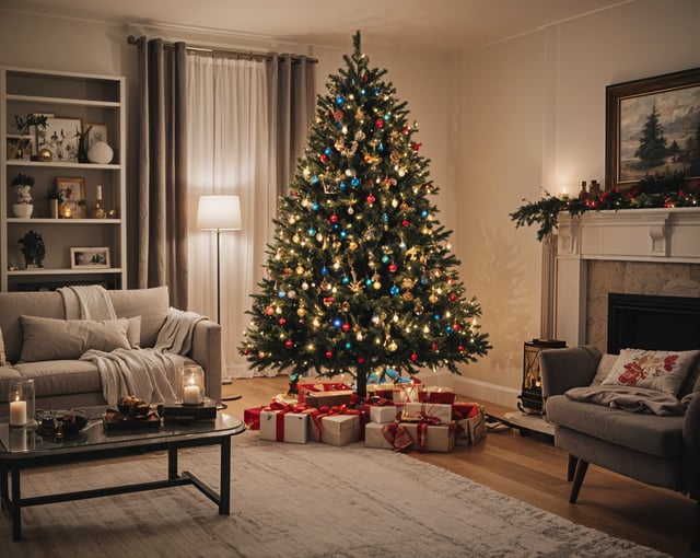 A Christmas tree in a living room with presents and a fireplace.