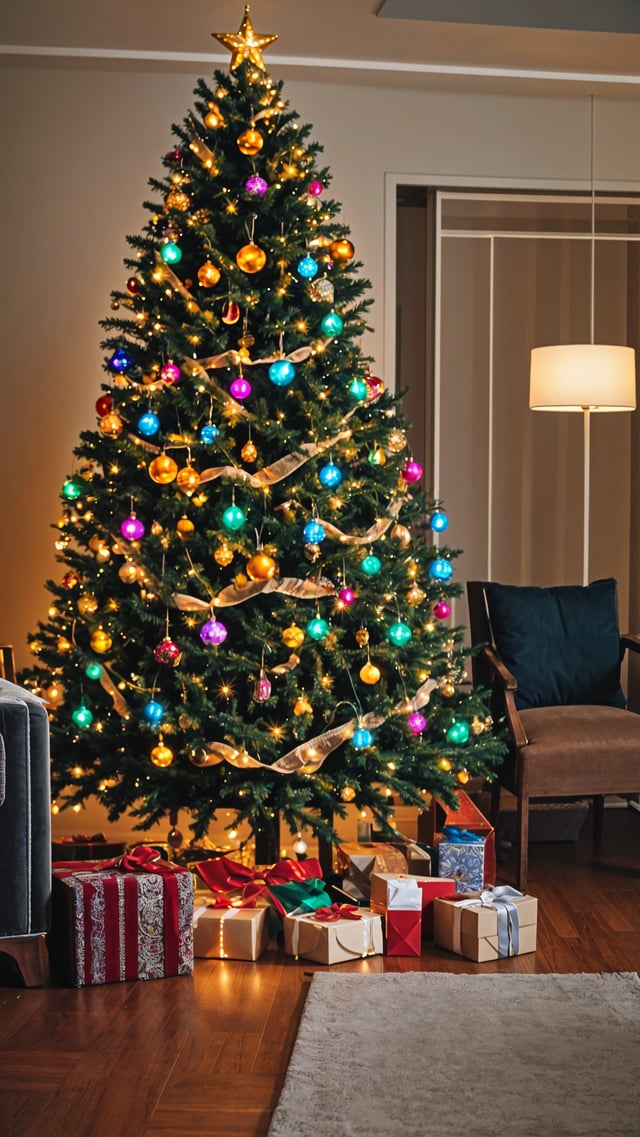 A Christmas tree with colorful lights and ornaments, including yellow, blue, and purple. The tree is in a corner and surrounded by presents. The tree is in front of a chair and a couch, creating a cozy and festive atmosphere.