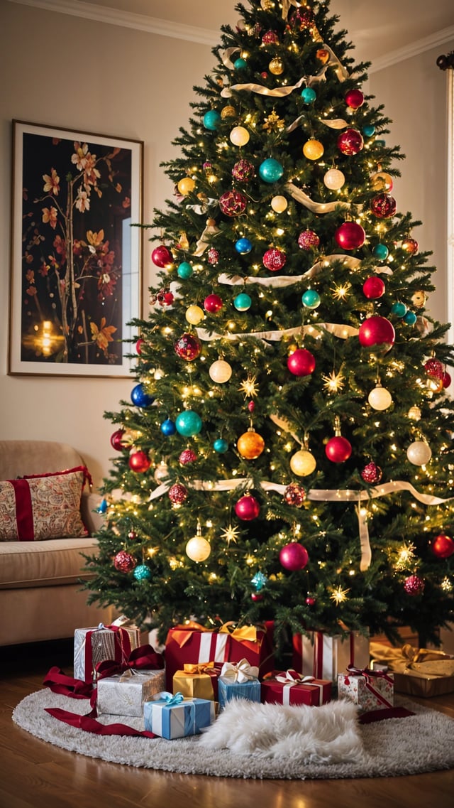 A Christmas tree with colorful ornaments and lights.
