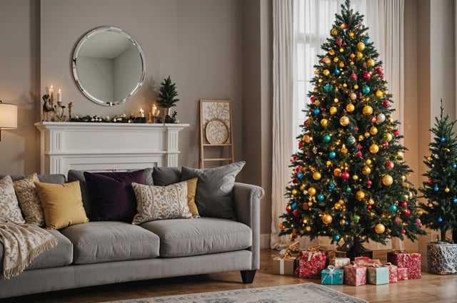 A Christmas tree in a living room with a couch in front of it.