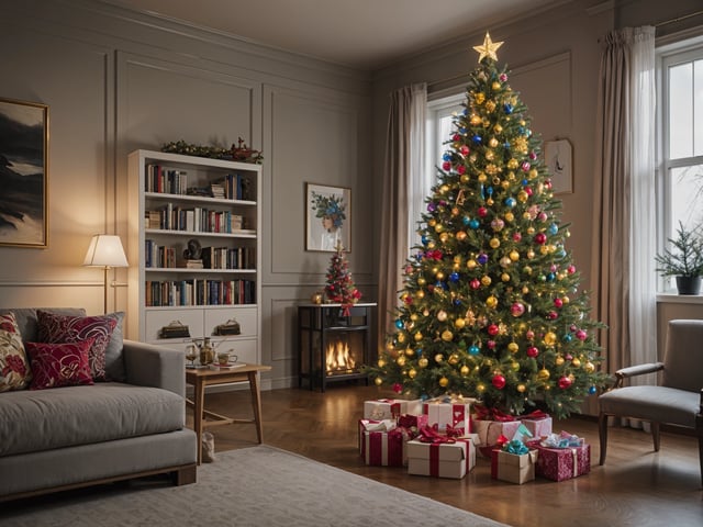 A Christmas tree with presents and ornaments in a living room