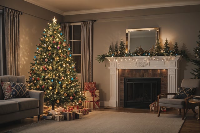 A Christmas tree in a living room with a fireplace and presents underneath. The tree is decorated with ornaments and lights, creating a festive atmosphere.