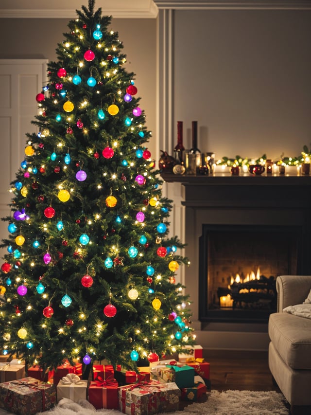 A Christmas tree with colorful lights and ornaments in front of a fireplace.