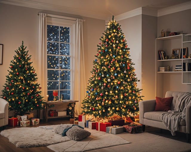 A living room with two Christmas trees, one of which is a large lit tree. The room is decorated with presents and a couch. The scene is illuminated by the lights of the Christmas trees.