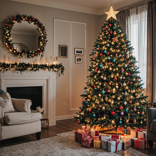 A Christmas tree in a living room with presents underneath it. The tree is adorned with ornaments and lights, creating a festive atmosphere.